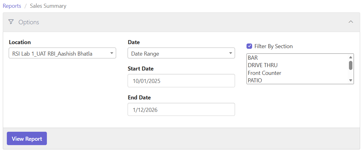 Sales Summary report options panel with Location set to 