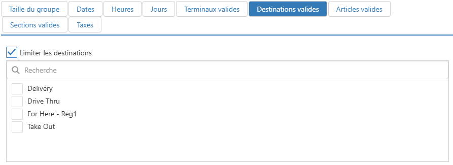 Boîte de dialogue Modifier Frais supplémentaires, onglet Destinations valides