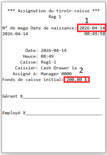 Reçu d'assignation de tiroir-caisse (« Assignation du tiroir-caisse ») imprimé en français, avec la date encadrée en rouge au format AAAA-MM-JJ et le fonds de caisse initial de 200,00 $ encadré en rouge