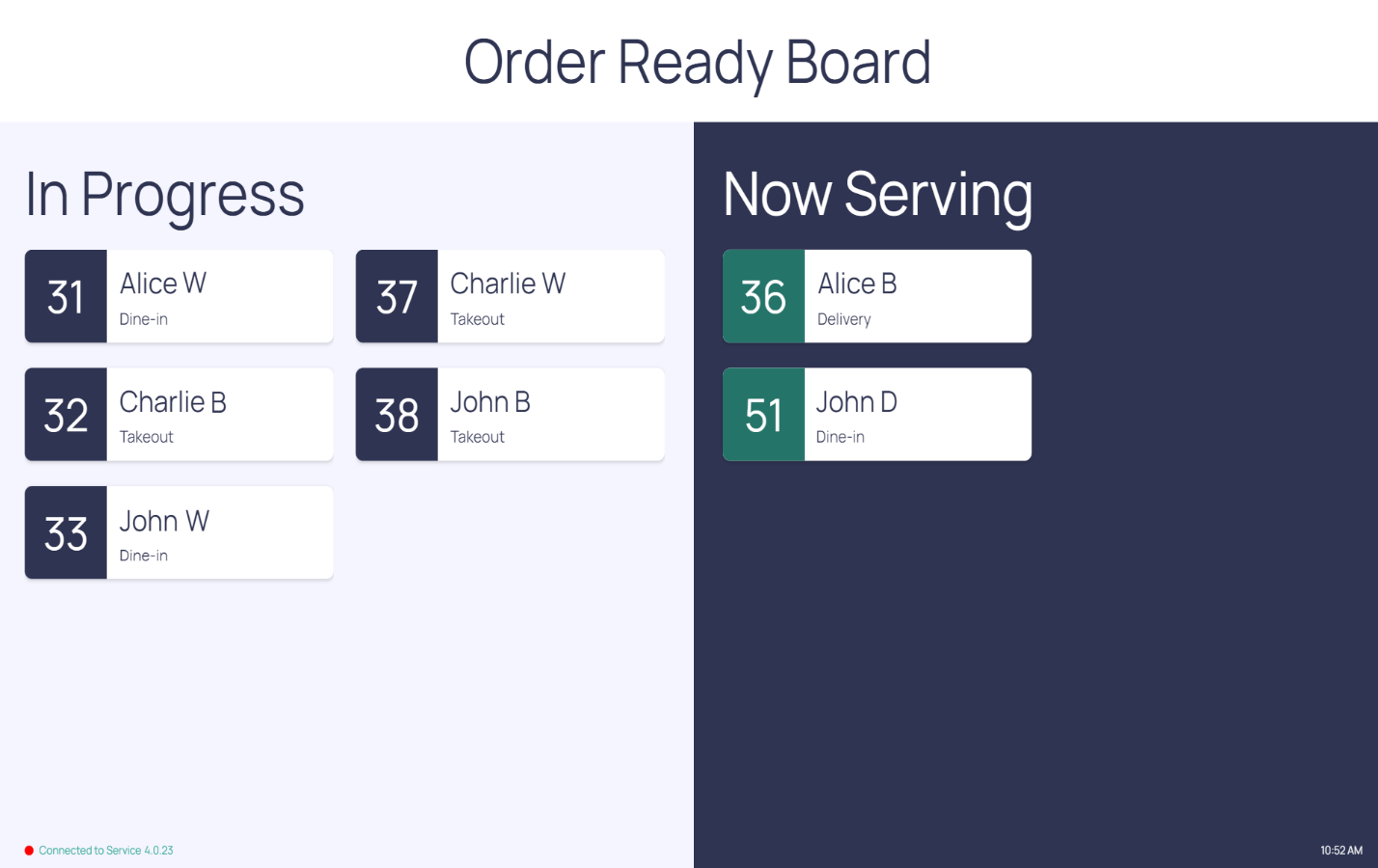 Live Order Ready Board display showing an 