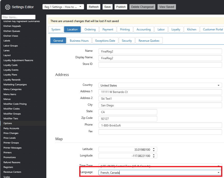 Settings Editor Location General tab with the Language field set to 