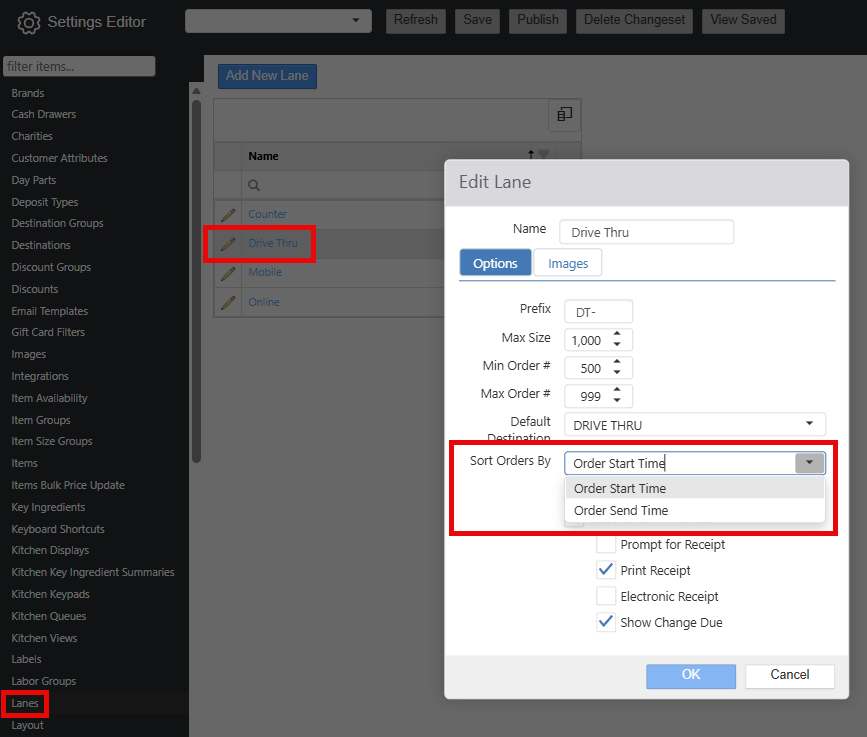 Settings Editor Edit Lane dialog for the Drive Thru lane, with the 