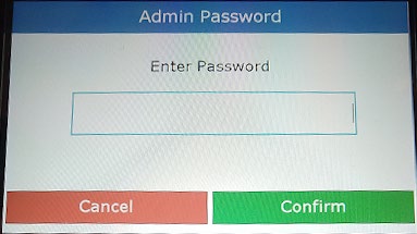 Ingenico Admin Password screen with an "Enter Password" field and Cancel/Confirm buttons
