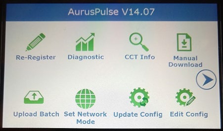 AurusPulse V14.07 menu screen with icons for Re-Register, Diagnostic, CCT Info, Manual Download, Upload Batch, Set Network Mode, Update Config, and Edit Config