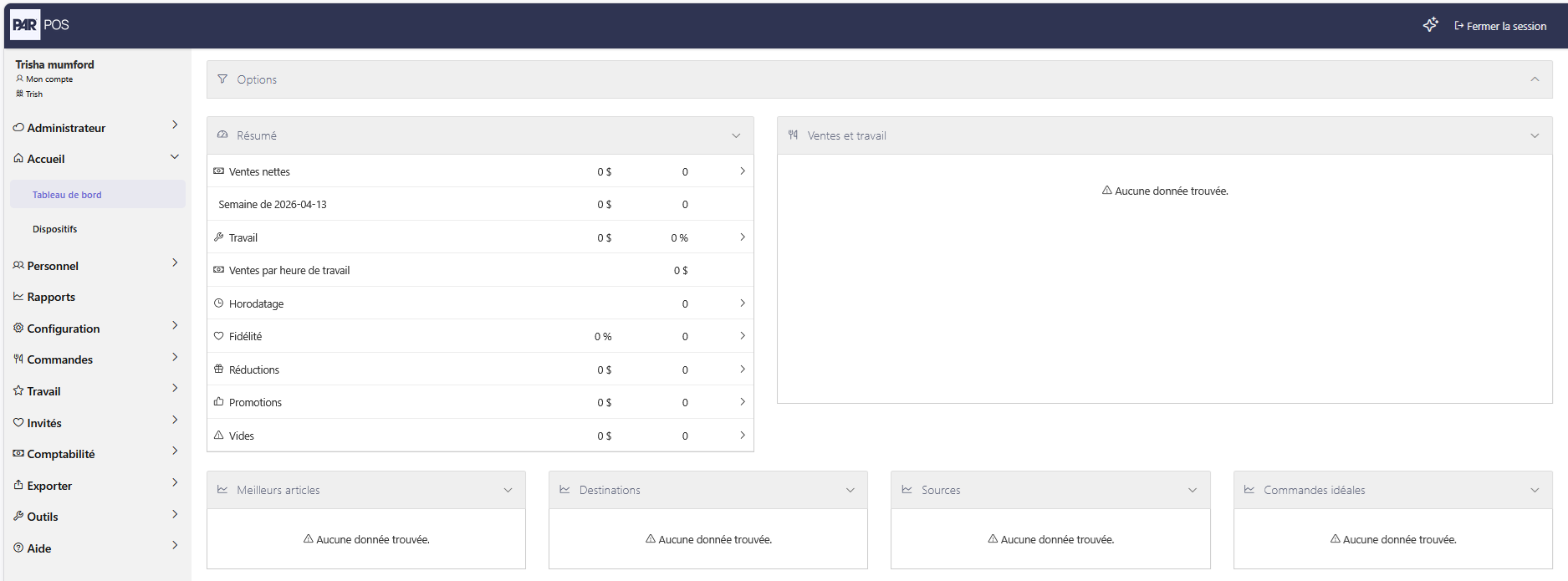 Tableau de bord du portail d'administration PAR POS affiché entièrement en français, avec le menu latéral (Administrateur, Accueil, Personnel, Rapports, Configuration, etc.) et le résumé des ventes